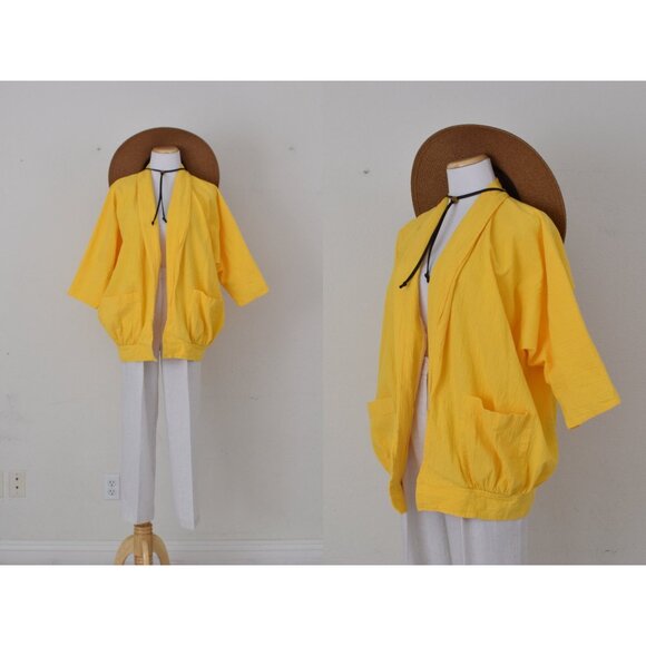 Vintge 80s Bright Yellow All Cotton‎ Blazer Coat size L - Picture 1 of 10